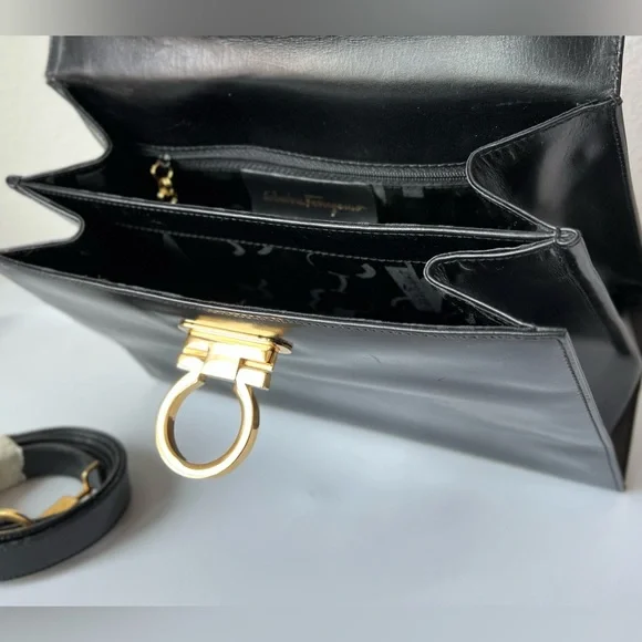 SALVATORE FERRAGAMO Iconic Top Handle Gancini Black Leather Crossbody Bag 212181 - Picture 10 of 16